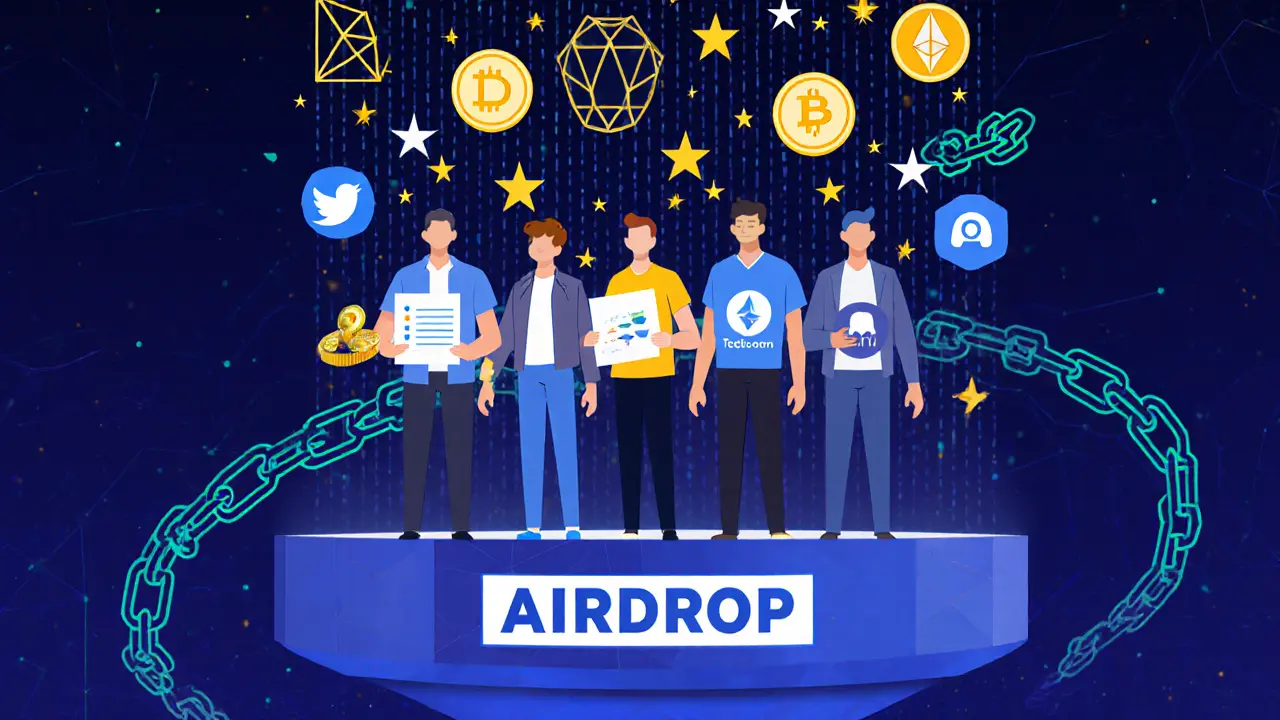 Diverse figures standing on a platform as digital APENFT tokens rain down around them.