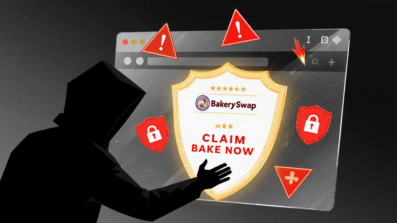Hacker reaching for a fake airdrop site while the official BakerySwap logo glows safely behind a shield.