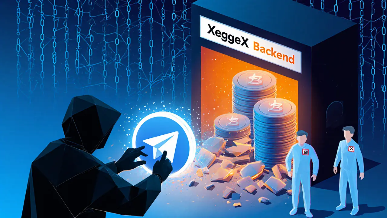 Hacker using a Telegram icon to breach a digital vault filled with collapsing databases.