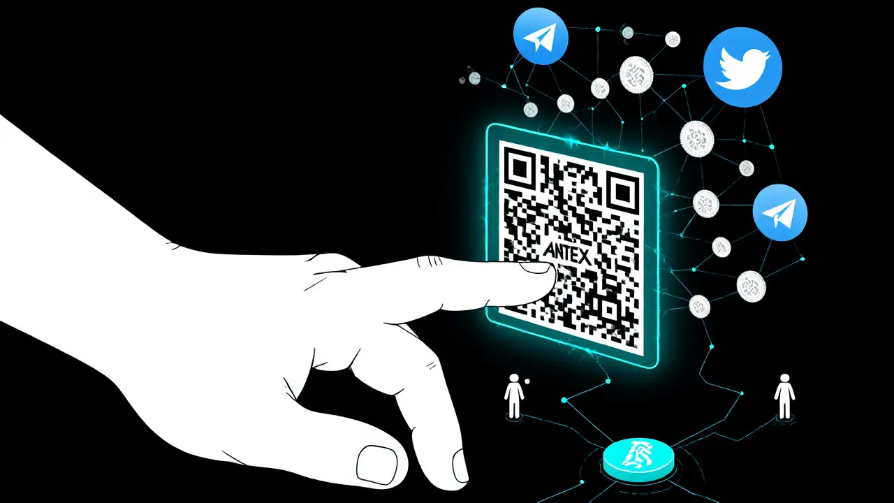 Hand reaching for a QR code that becomes ANTEX tokens, connected to Telegram and Twitter portals.