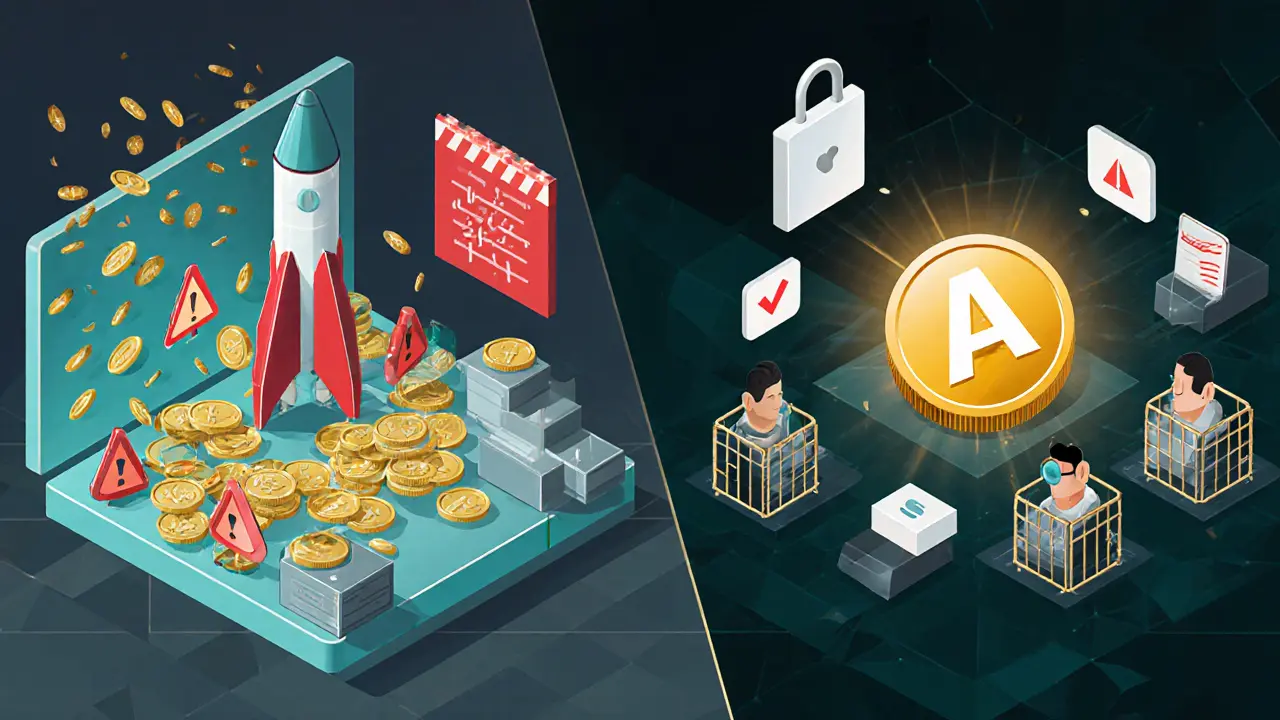 Split scene contrasting chaotic crypto launches with AntEx&#039;s structured, secure ecosystem.