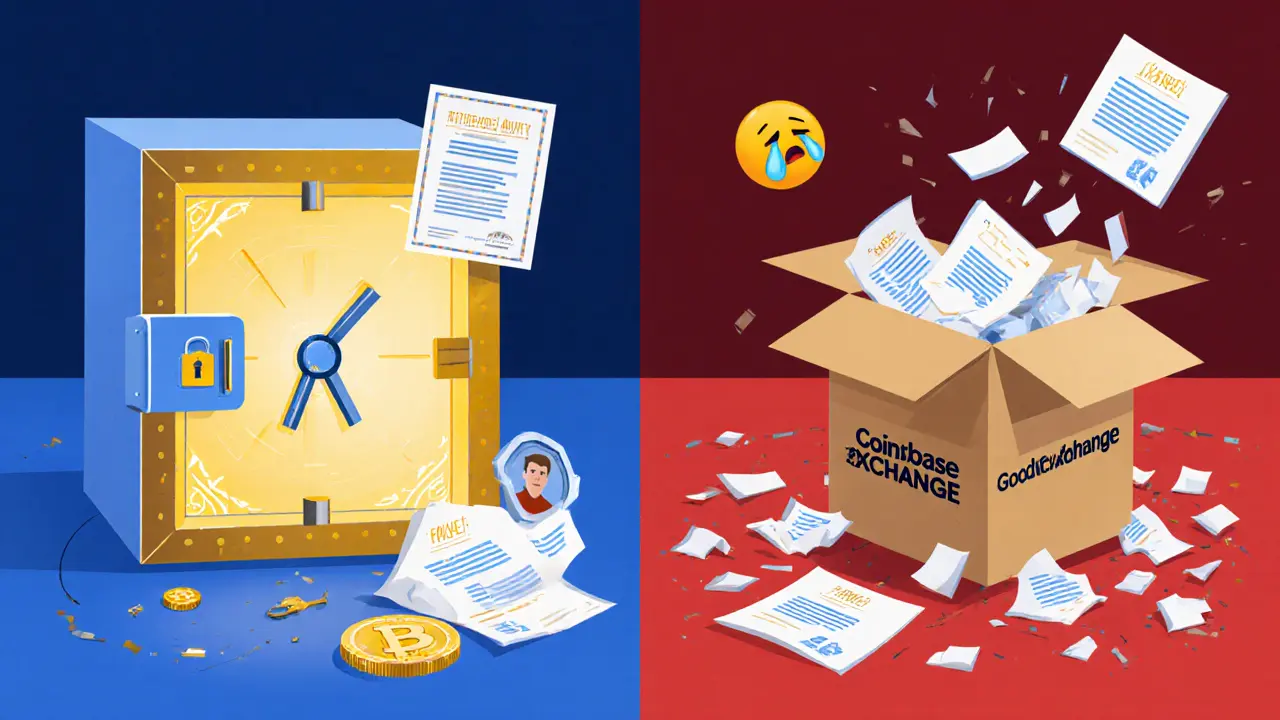 Split scene: secure crypto exchange vault vs collapsing scam box with shredded papers and crying emoji.