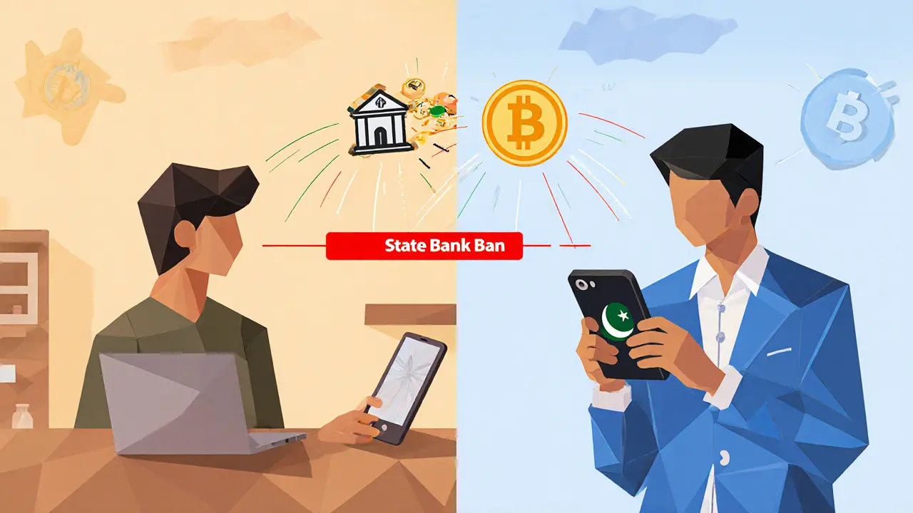 Split scene showing international wire transfer vs. P2P crypto payment with a barred line labeled &#039;State Bank Ban&#039;.