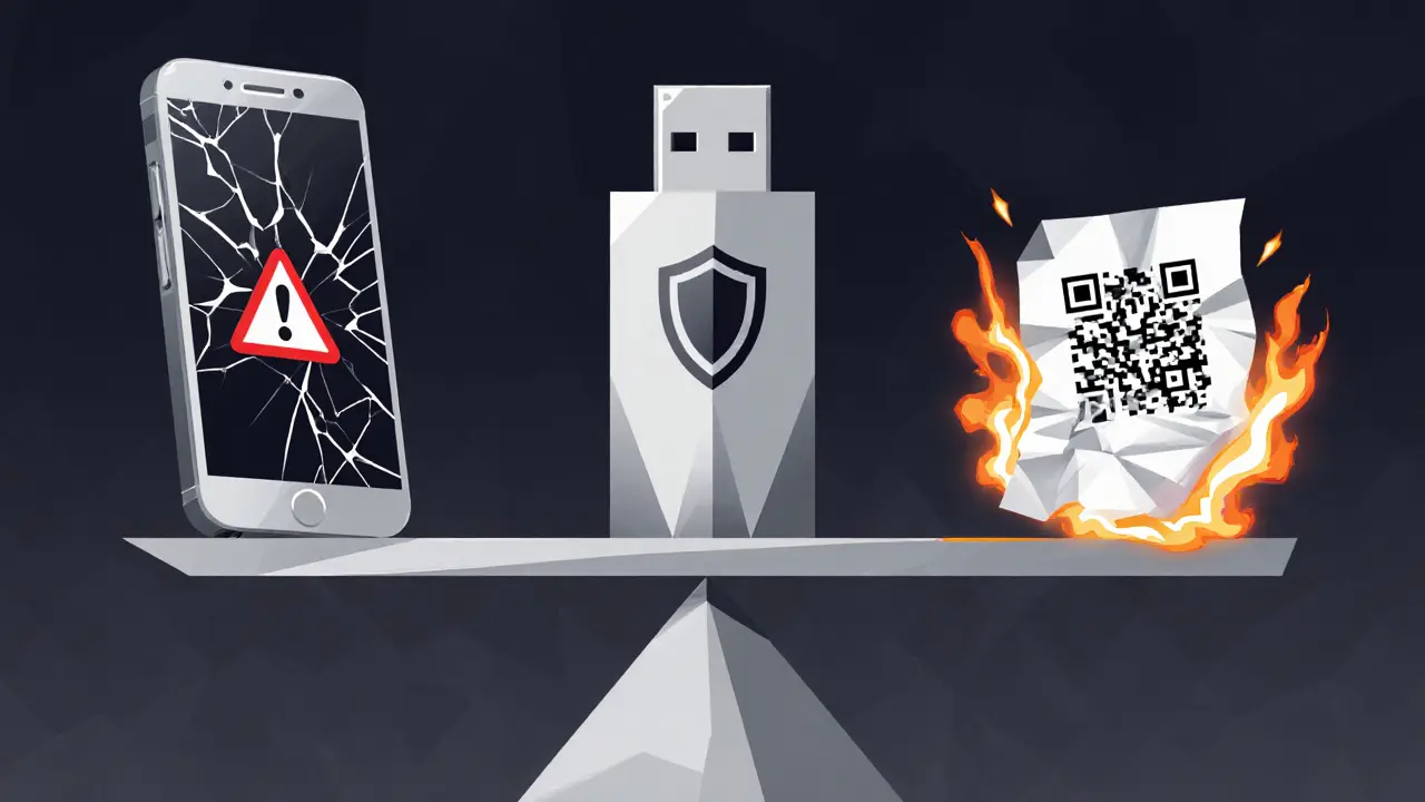 Three stylized methods of storing private keys, with hardware wallet shown as the safest option.