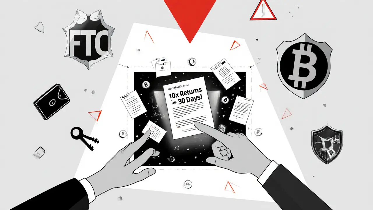 User clicking a fake crypto ad that opens into a void filled with stolen documents and lost Bitcoin.