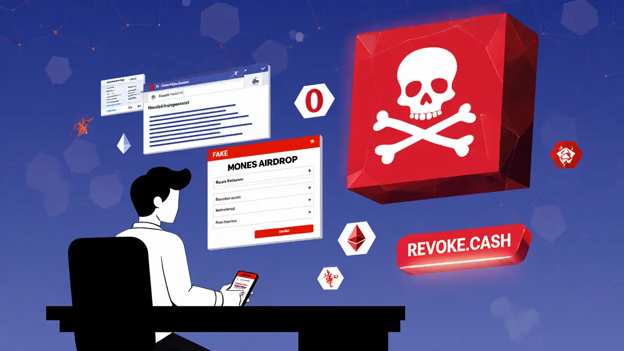 User facing a fake airdrop portal while a warning skull sign looms, with revoke.cash and zero search results visible.