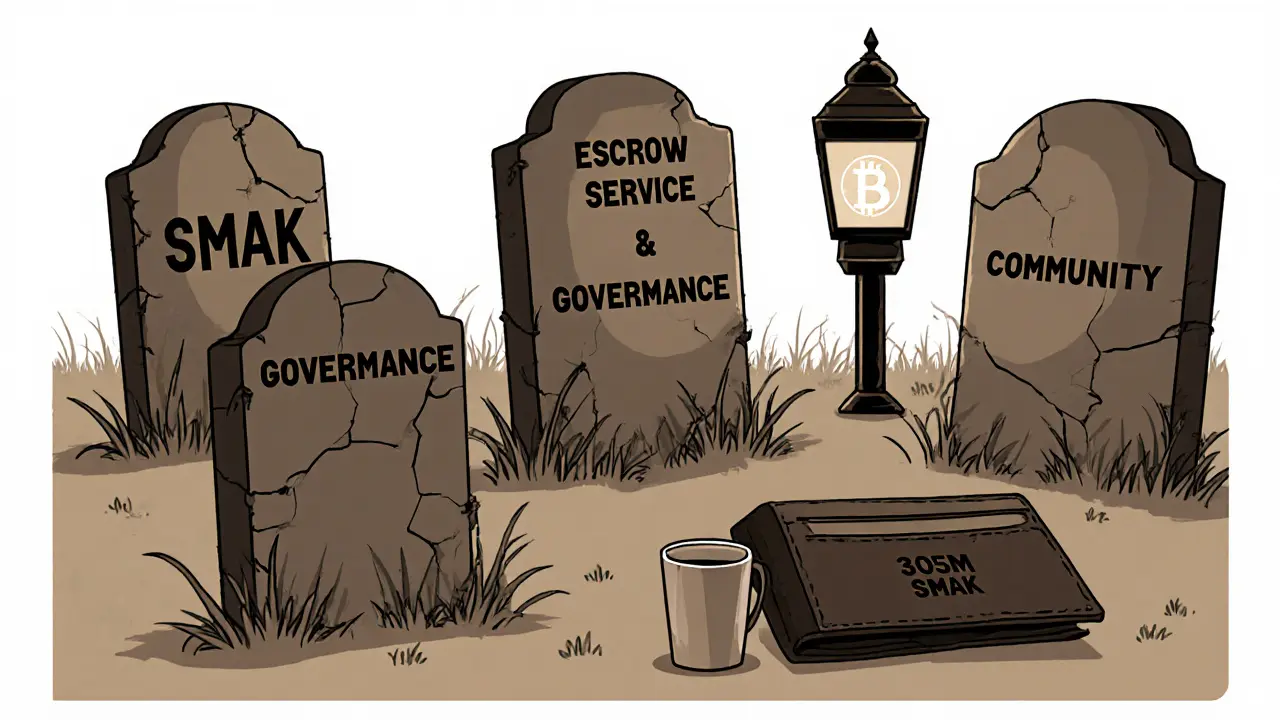 Zombie graveyard of failed crypto project elements with a lone lantern and empty wallet.
