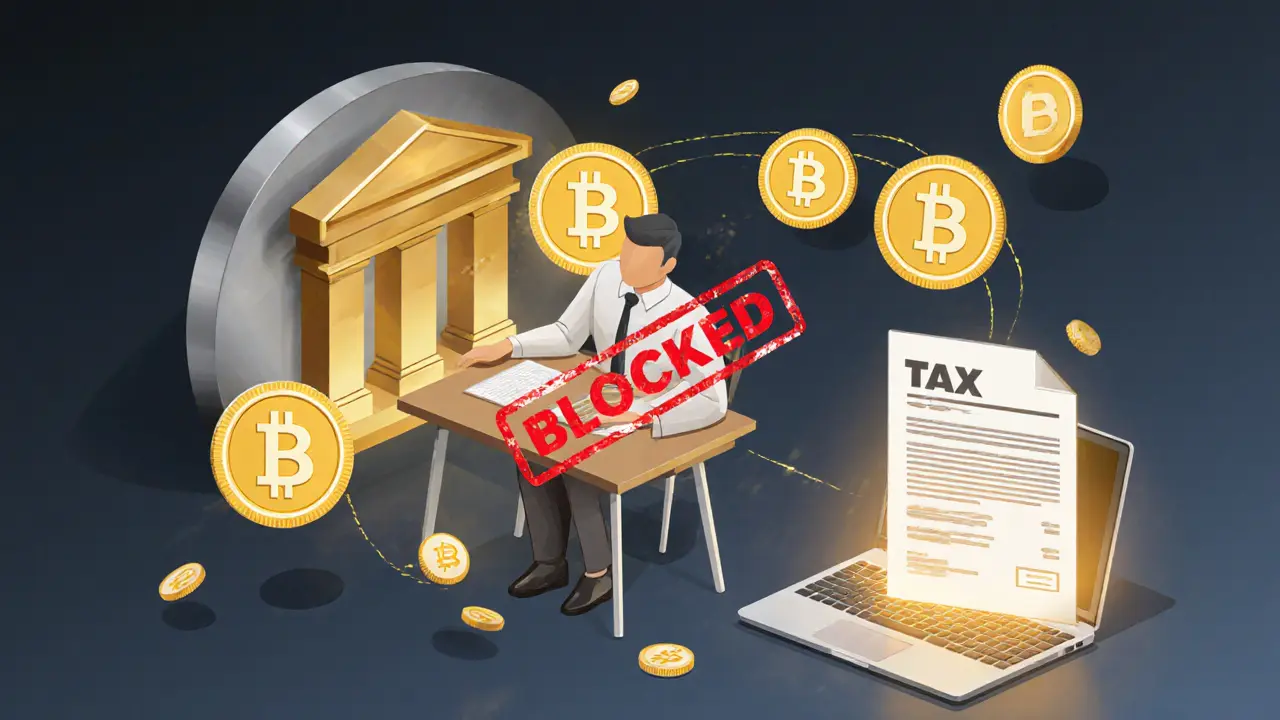 A business owner using licensed crypto payments while a peer-to-peer app is blocked and taxes are shown.