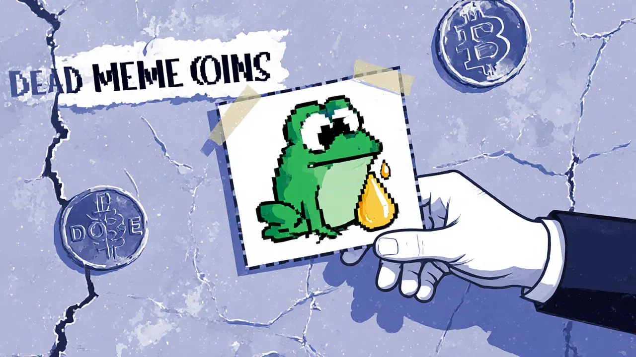 A hand holds a Goompy poster on a wall of dead crypto tokens, with a golden tear falling from the frog&#039;s eye.