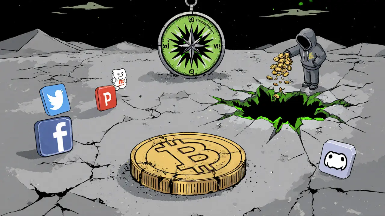 A lonely ET token in a digital wasteland surrounded by broken social media icons.