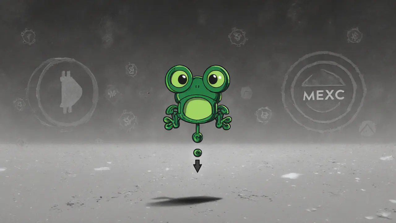 A tiny Goompy token icon drifts alone in a digital void with faint blockchain nodes and a MEXC logo.