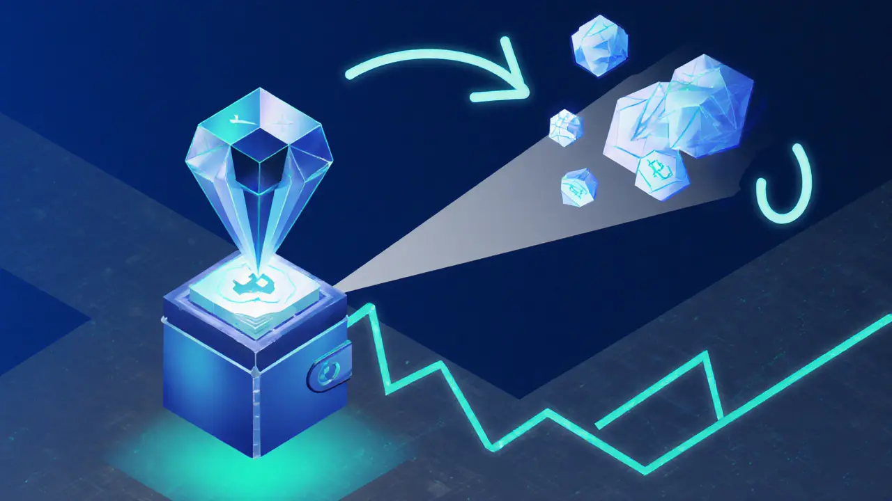 A wallet sending funds into a smart contract that distributes tokens across multiple decentralized exchanges with stable price lines.