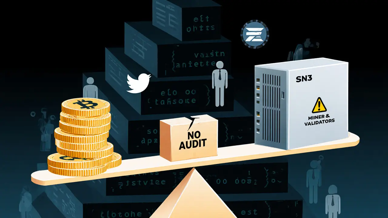 Balance scale weighing decentralized AI miners against Big Tech, with warning symbols and incomplete code pyramid.