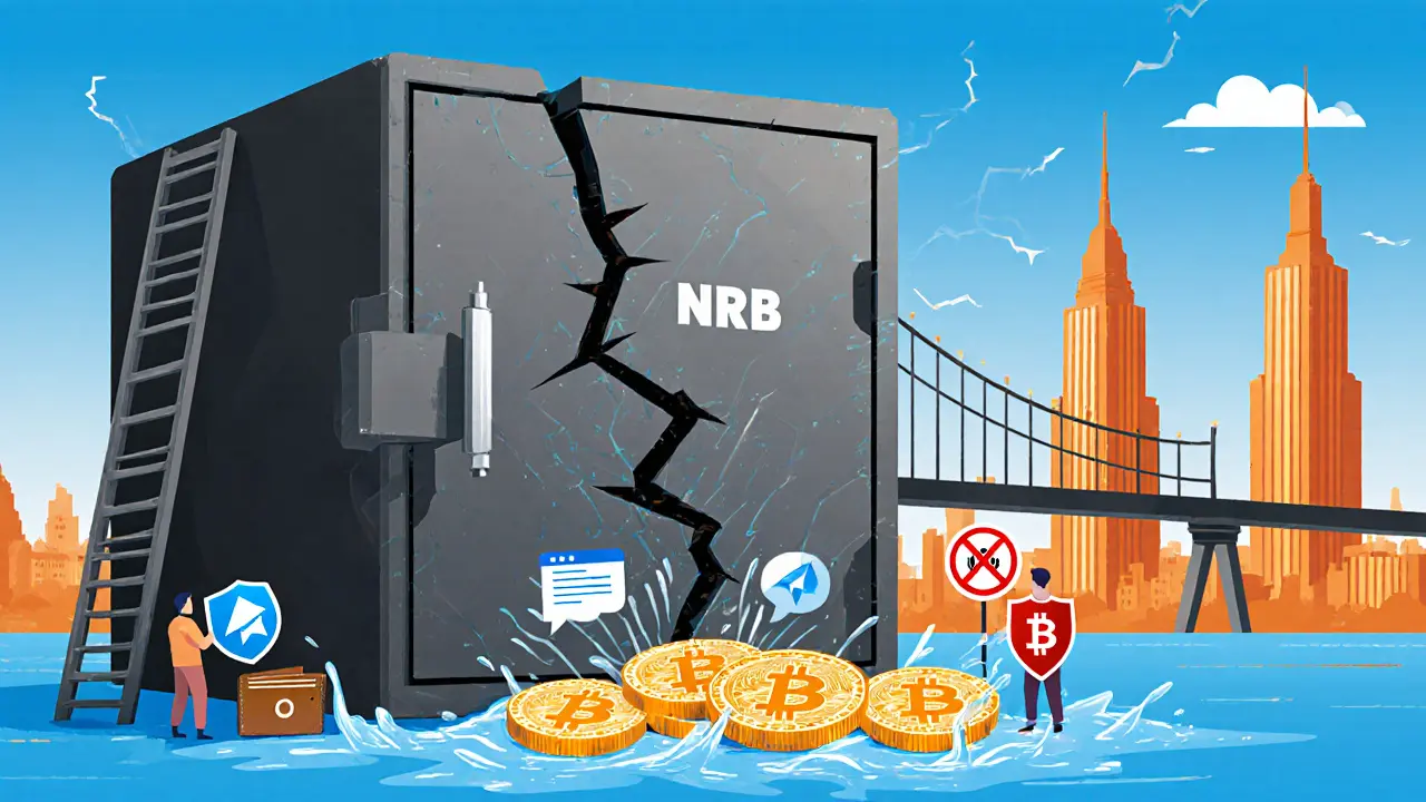 Bitcoin flows from a cracked central bank vault as traders escape using VPNs and digital wallets.