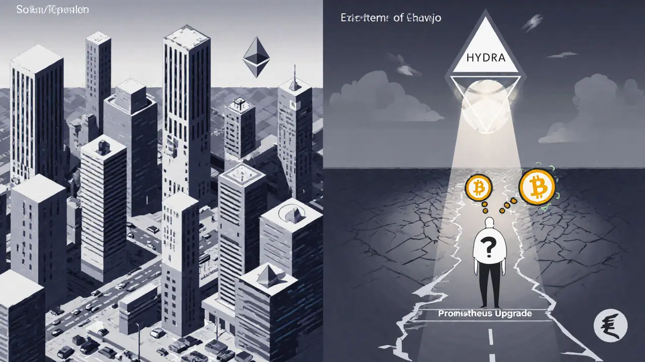 Contrast between a thriving blockchain city and a lonely, underdeveloped HYDRA network.