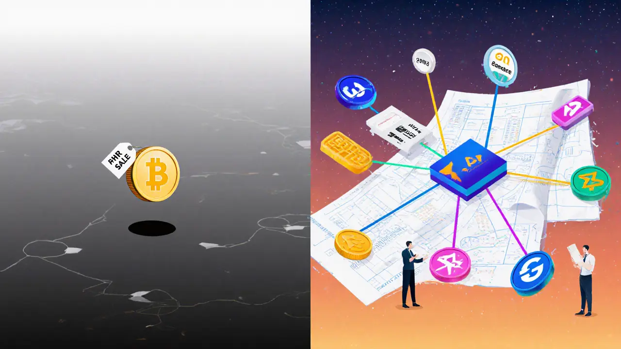 Contrasting scene: a lonely PHTR token in empty space vs. a thriving network of indices connected to major exchanges.