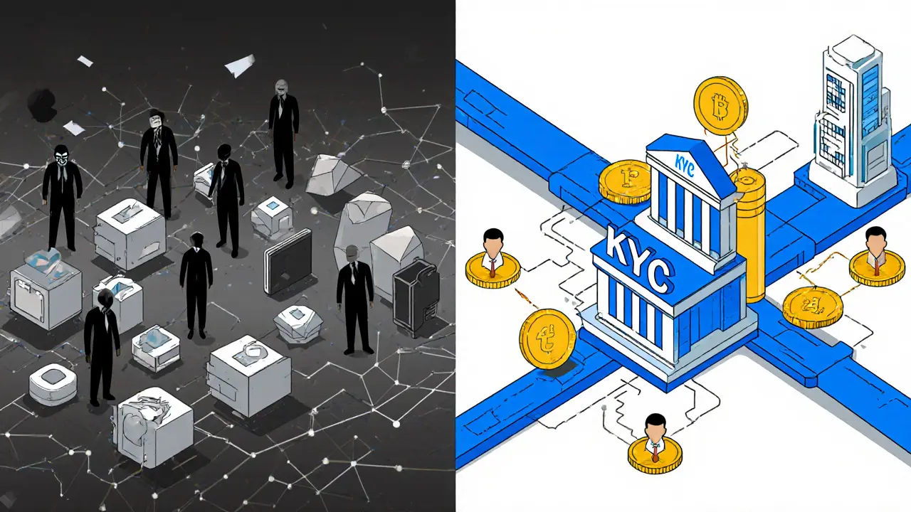 Contrasting scenes: anonymous crypto trades vs. verified financial connections through KYC bridges.