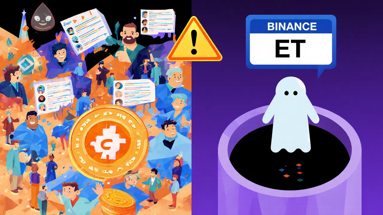 Contrasting vibrant legitimate crypto ecosystem versus a hollow, empty ET shell with an SEC warning.