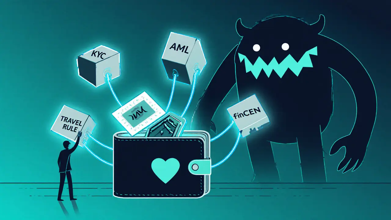 Crypto wallet with compliance blocks connected by glowing lines, a figure adding the final piece.