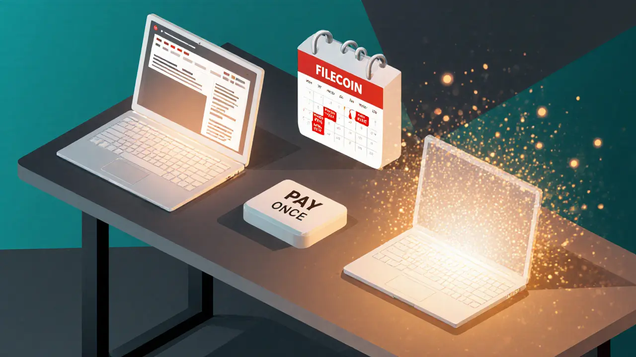 Developer&#039;s desk with three laptops representing IPFS, Filecoin, and Arweave, each glowing with different data behaviors.