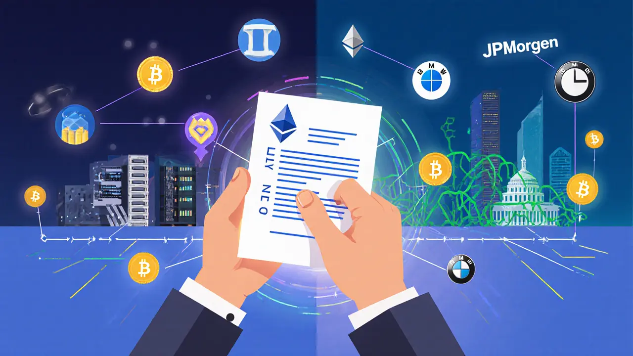 Developer deploying a smart contract surrounded by DeFi, NFT, and staking icons in geometric style.