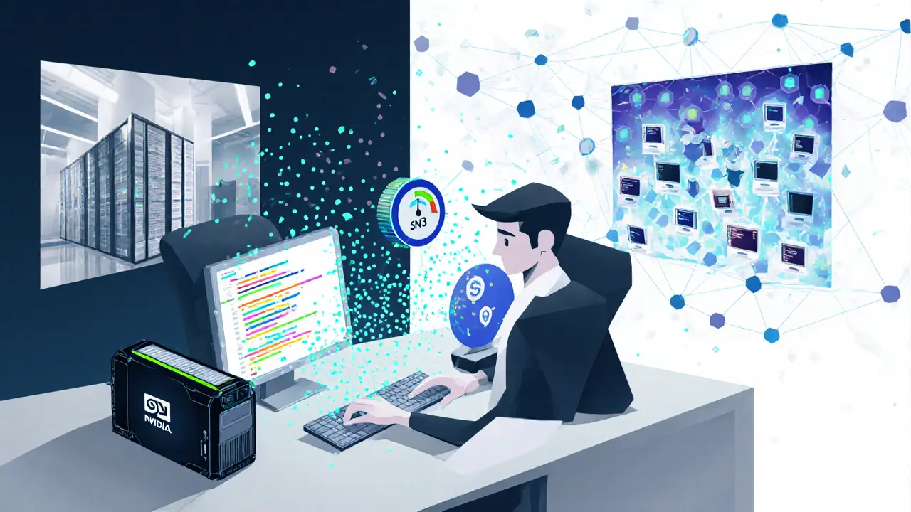 Developer typing code that generates SN3 tokens into a decentralized network of glowing nodes.