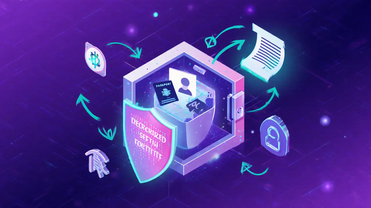 Diamond-shaped identity vault with encrypted data protected by a shield, connected to global regulators.