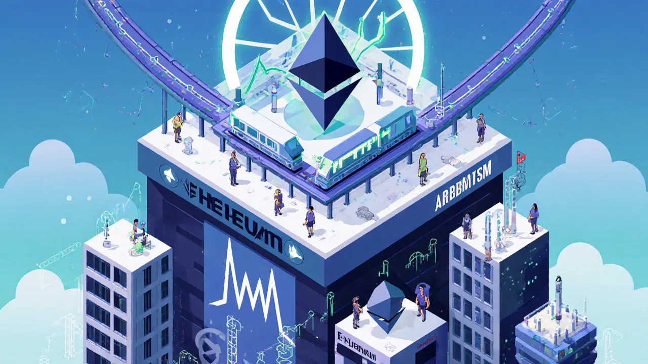 Ethereum network as a city with Layer 2 expressways and Proof of Stake validator wheel above.