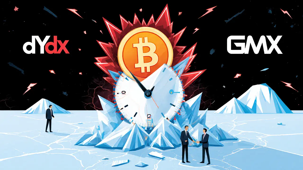 Futures trade in a frozen arena with liquidation warnings and developers repairing a broken blockchain.