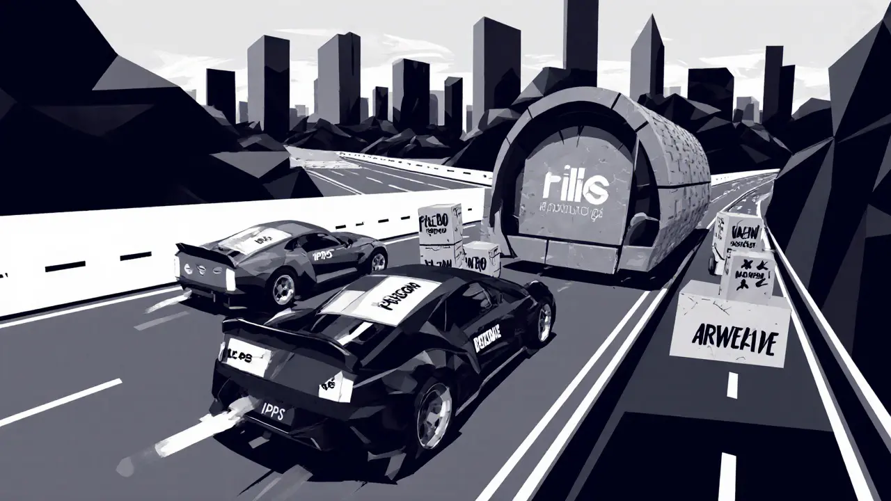 Futuristic data highway with three vehicles symbolizing IPFS, Filecoin, and Arweave, conveying speed, rental, and permanence.