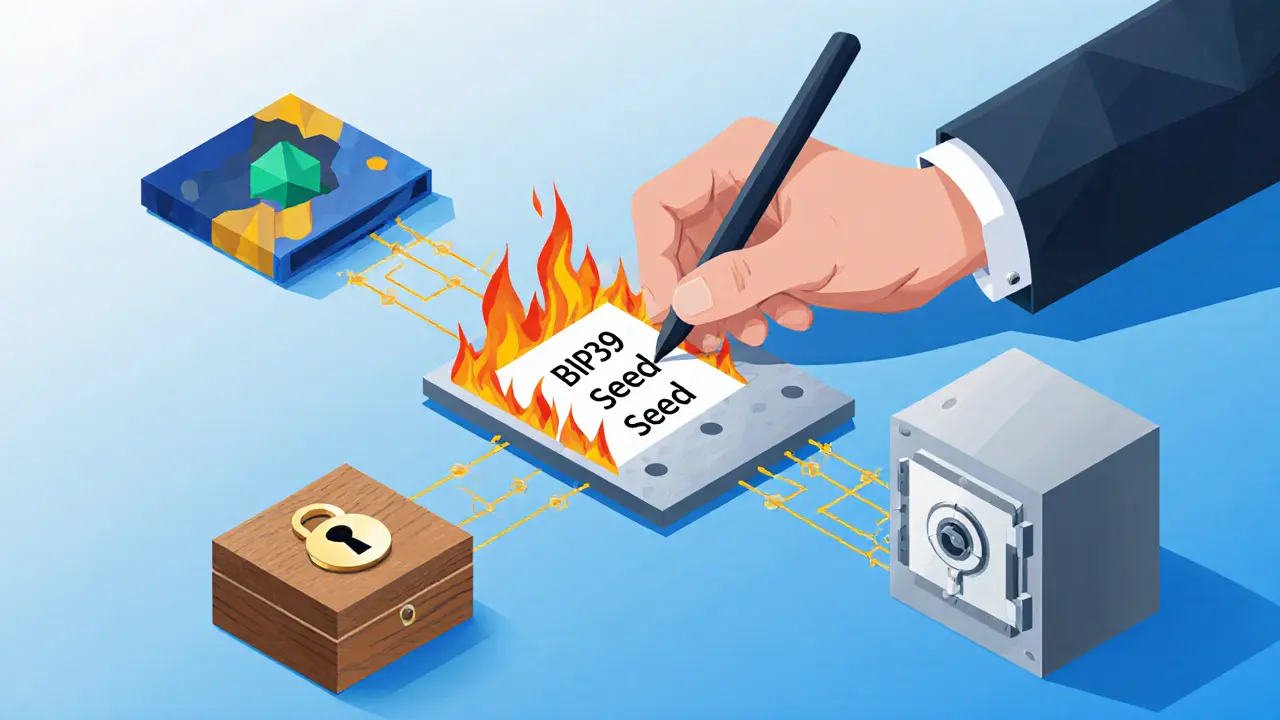 Hand writing a seed phrase on metal plate, connected to wallet icons via golden lines.