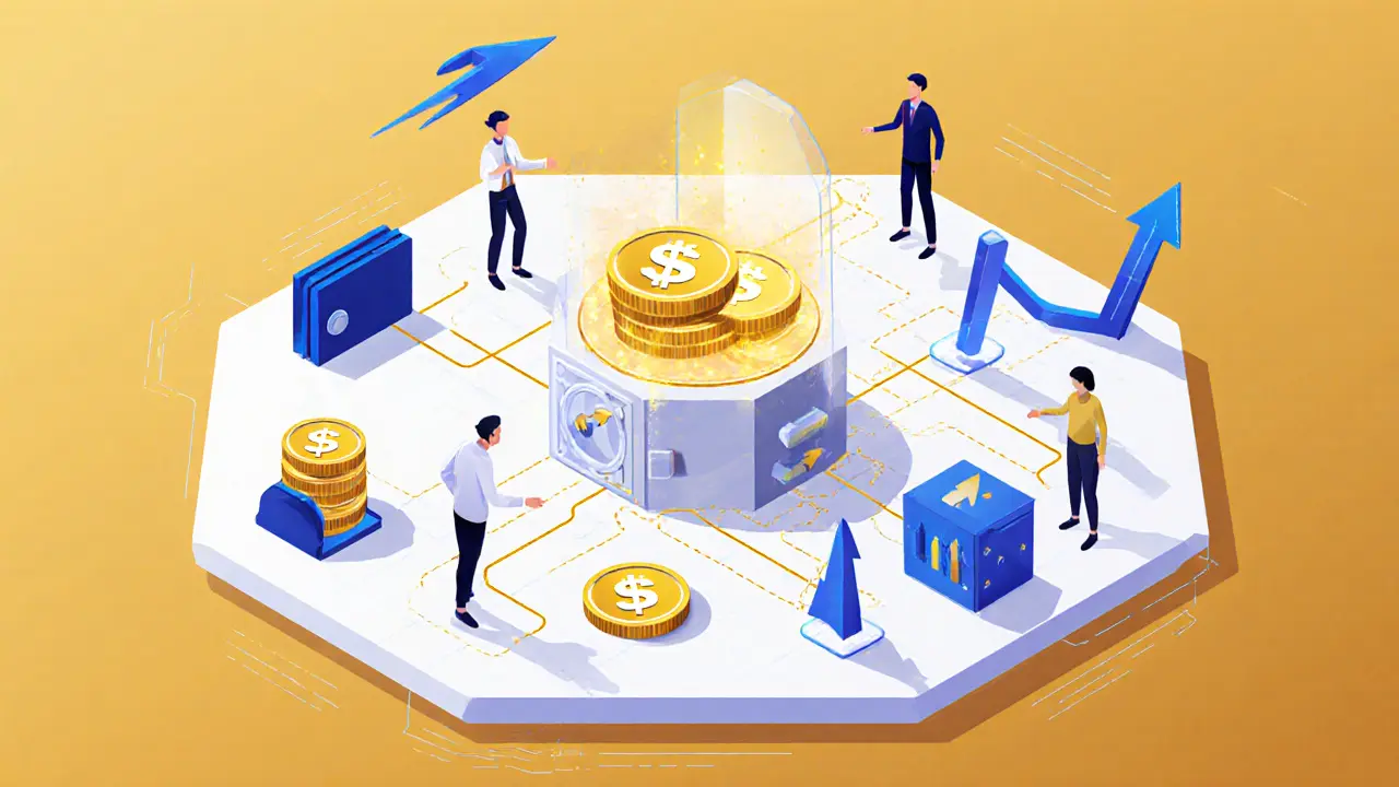 Hexagonal trading hub with $SUP tokens powering an insurance vault that absorbs market losses in geometric style.