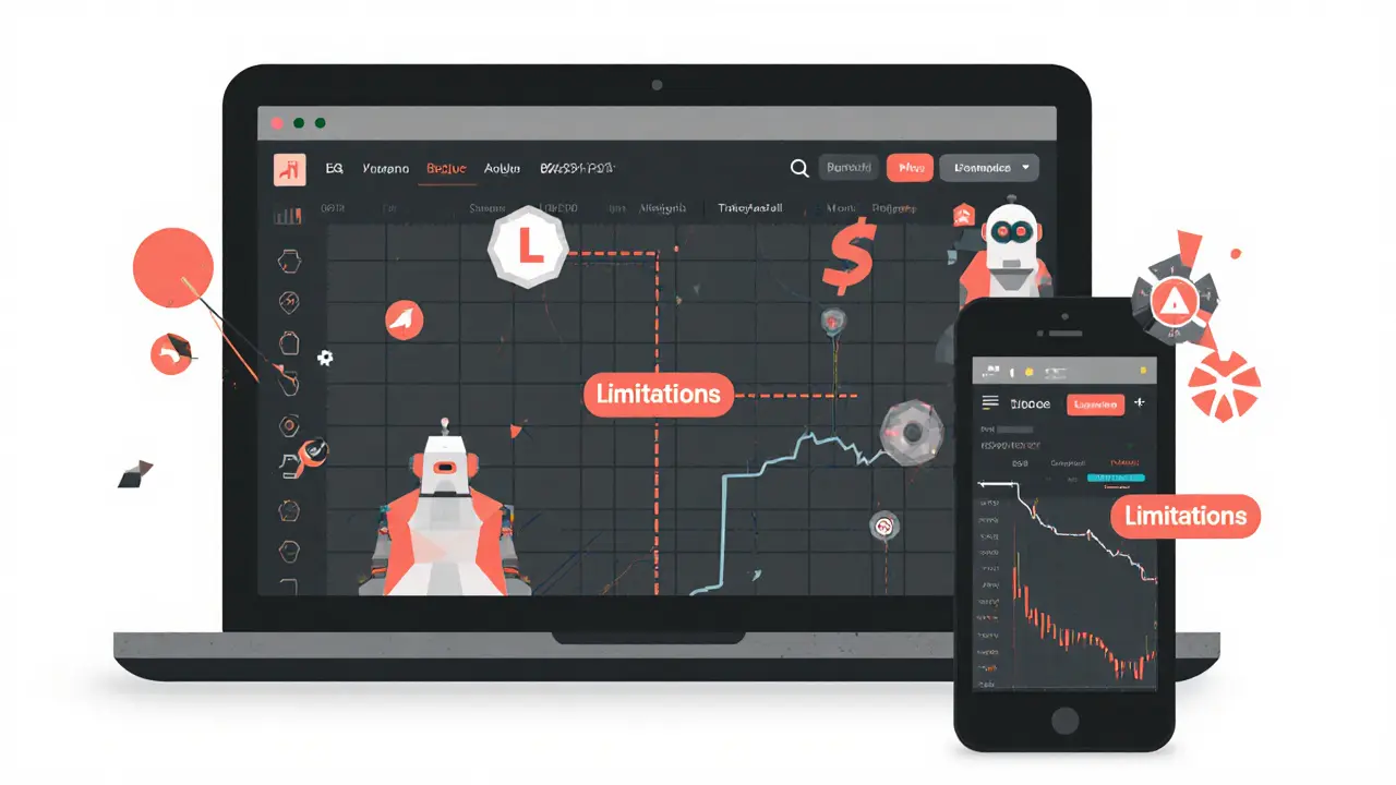 Mobile phone and laptop side-by-side showing limited vs full trading interface features.
