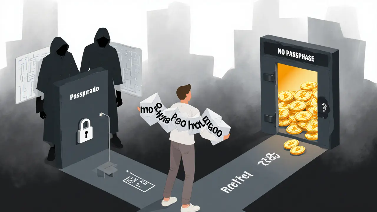 Person at crossroads: one path leads to locked door, other to open vault with crypto coins.