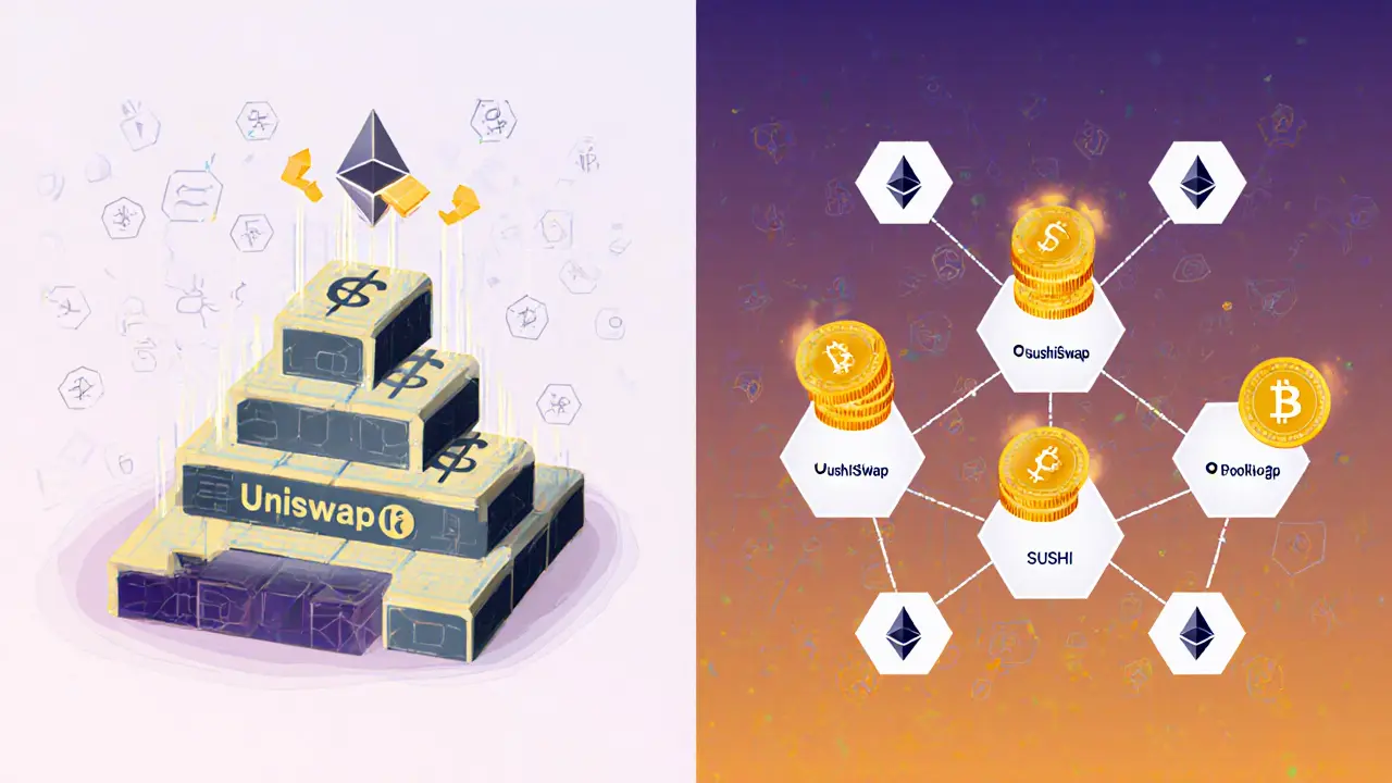Pyramid of liquidity for Uniswap versus a network of hexagons for SushiSwap with circulating reward tokens.