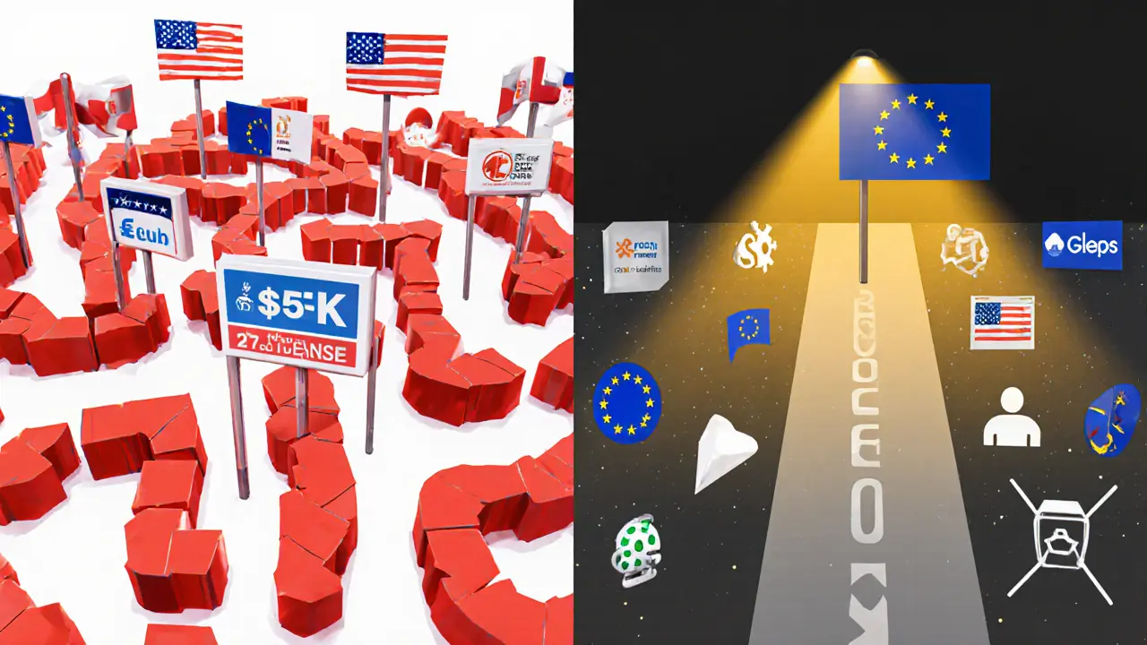 Split scene: chaotic U.S. state licensing maze vs. clean EU compliance pathway with geometric icons.