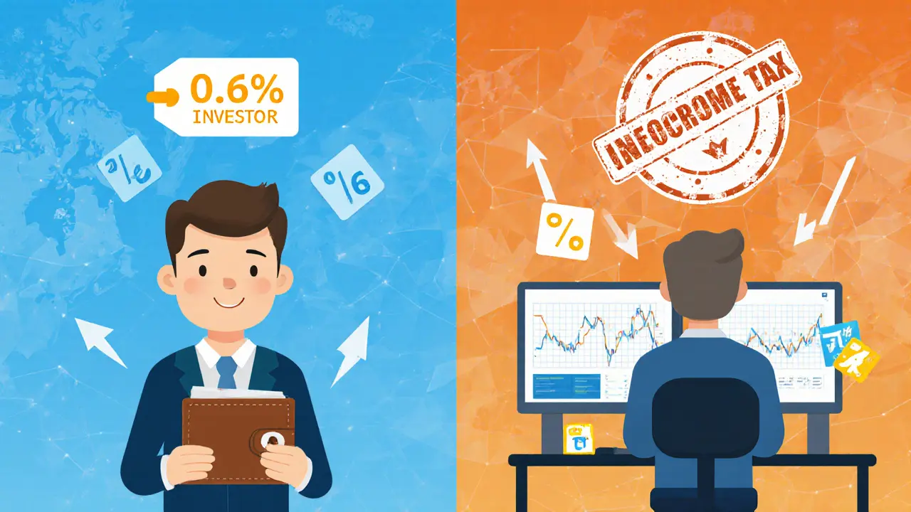 Split scene showing a calm investor versus a busy trader, with canton tax rates as geometric blocks in the background.