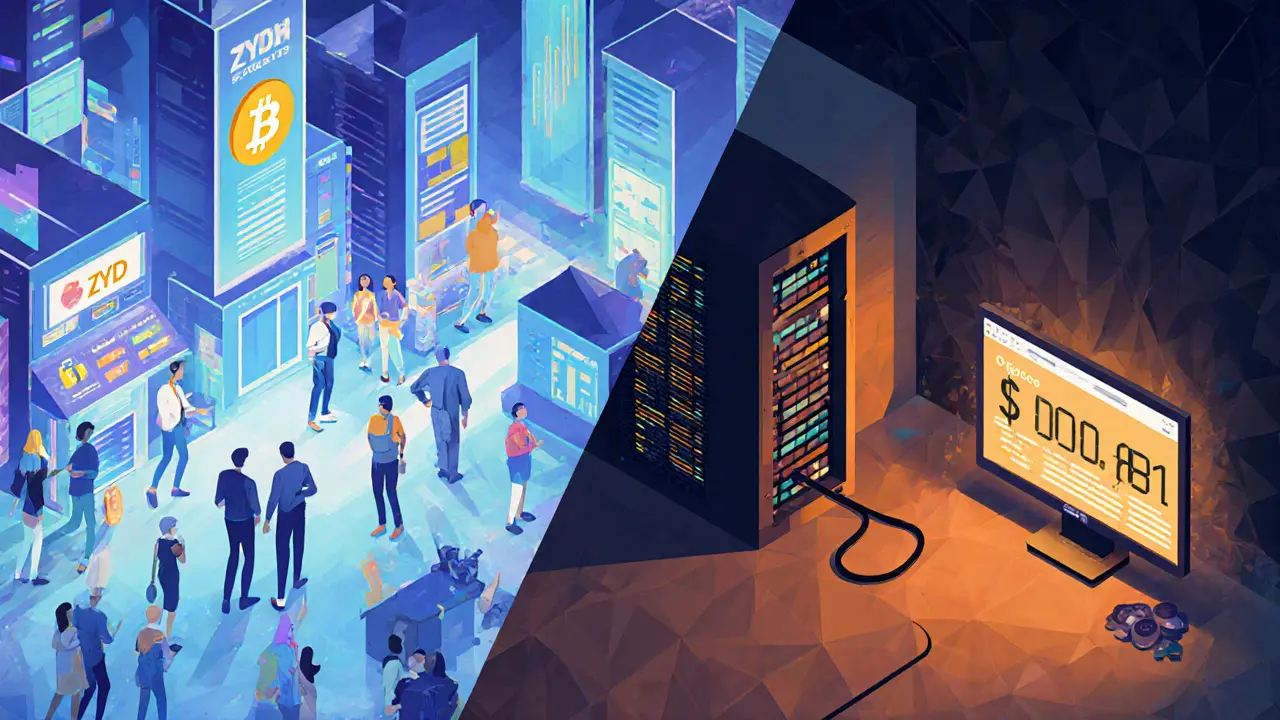 Split scene: vibrant crypto hub vs empty server room with ZYD price displayed, geometric style contrast.