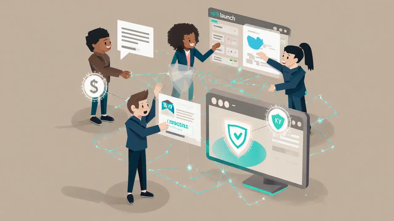 Stylized avatars interacting with an NFTLaunch dashboard and staking NFTs.