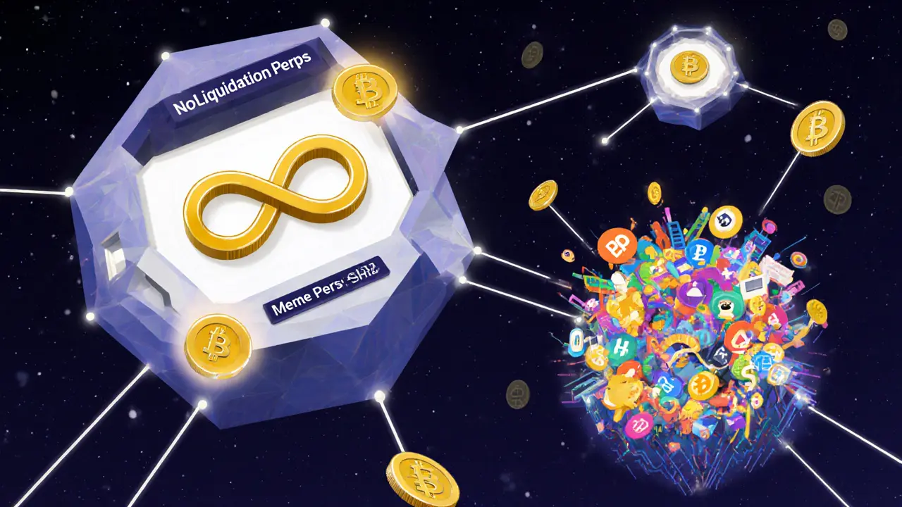 Three geometric perpetual contract portals: NoLiquidation, Meme, and Alpha, connected by BNB Chain lines in space.