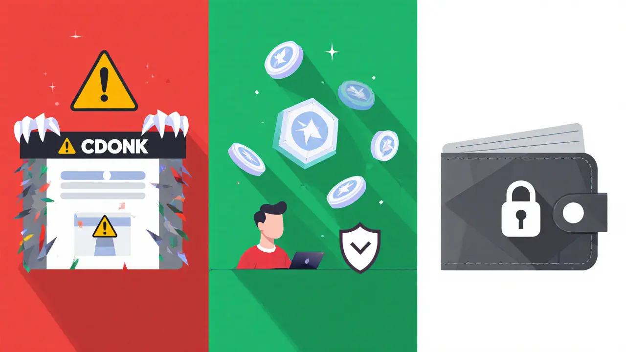 Three geometric scenes: a scam portal, a legitimate airdrop, and a secured wallet, shown in contrasting red, green, and gray shapes.