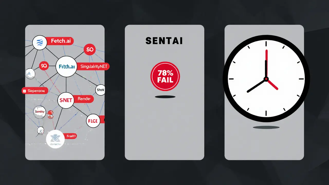 Three panels comparing verified AI crypto projects to a disconnected SENTAI token sinking into a void.