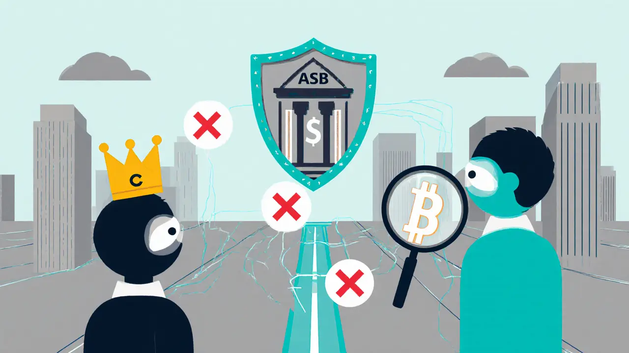 Three regulatory figures overseeing crypto flows through banks, blocking direct wallet transfers.