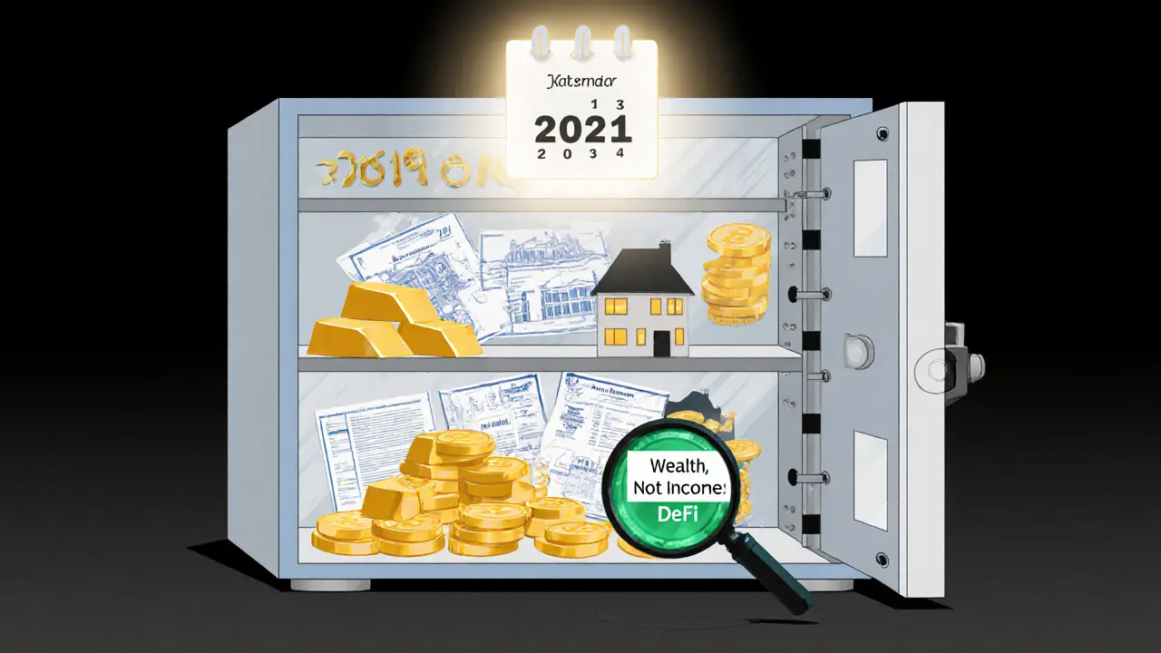 Transparent Swiss vault with gold, stocks, real estate, and crypto tokens on equal shelves under a year-end calendar.