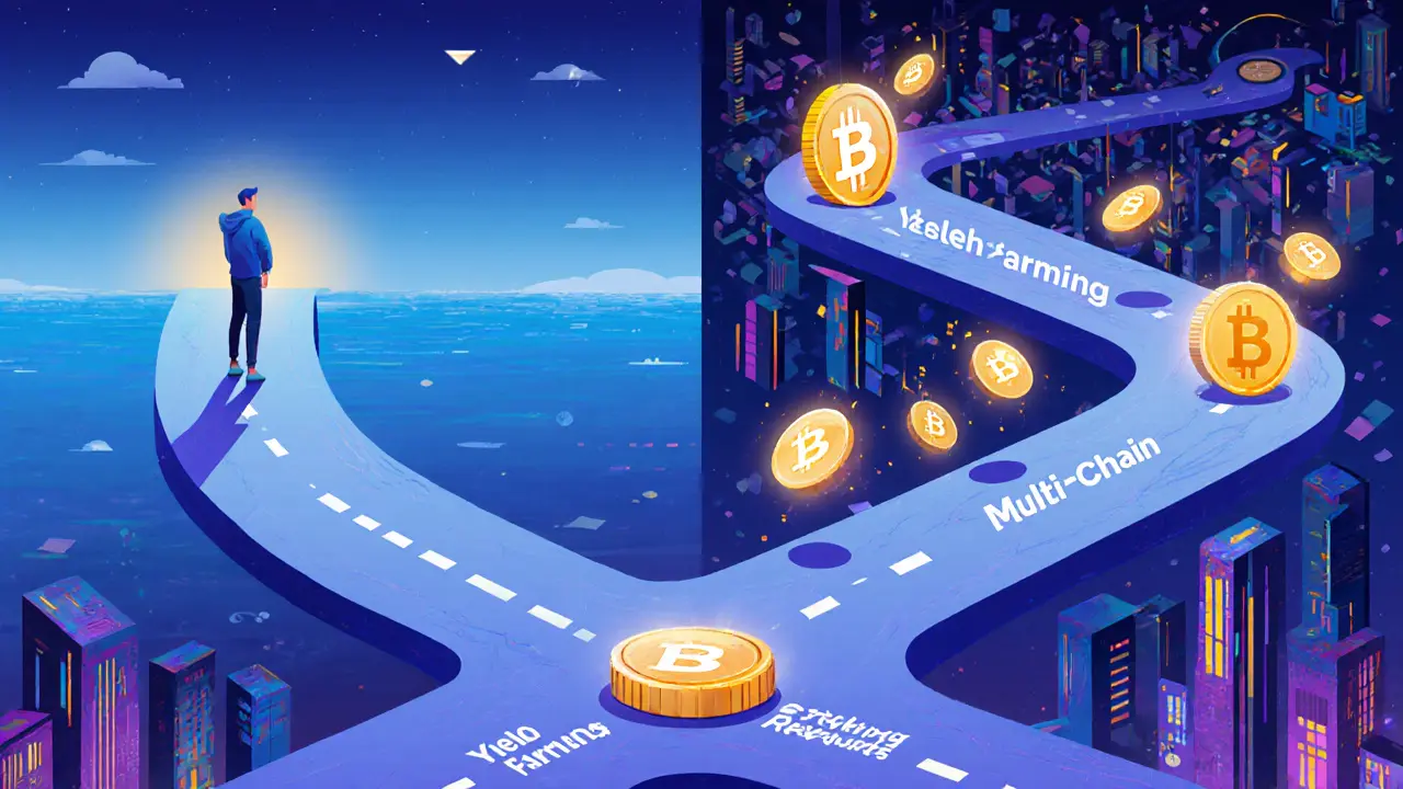User at a crossroads choosing between Uniswap&#039;s direct path and SushiSwap&#039;s multi-branched DeFi journey.