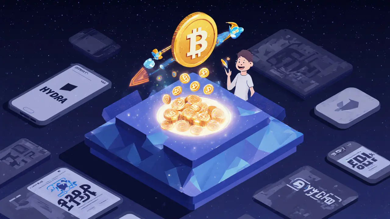 User staking HYDRA tokens to receive LYDRA tokens, with a dormant ecosystem in the background.