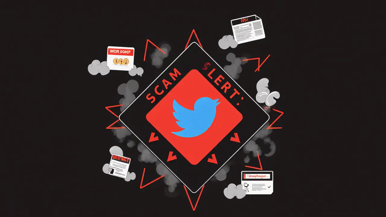 Warning sign with scam alerts dissolving, centered by a verified Twitter icon.