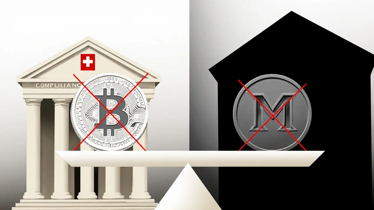 A balance scale pits privacy against compliance between a Swiss bank and a darknet market.