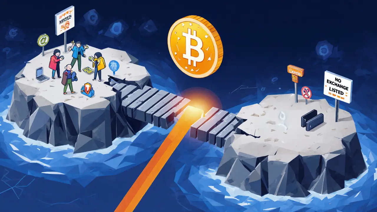 A broken bridge between a thriving gaming island and an empty one, with one glowing token in between.