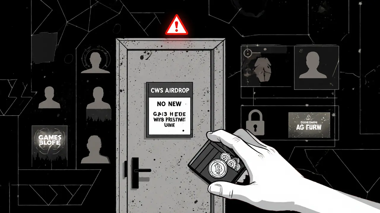 A closed door labeled &#039;CWS Airdrop 2021&#039; with a hand reaching out holding a crypto wallet.